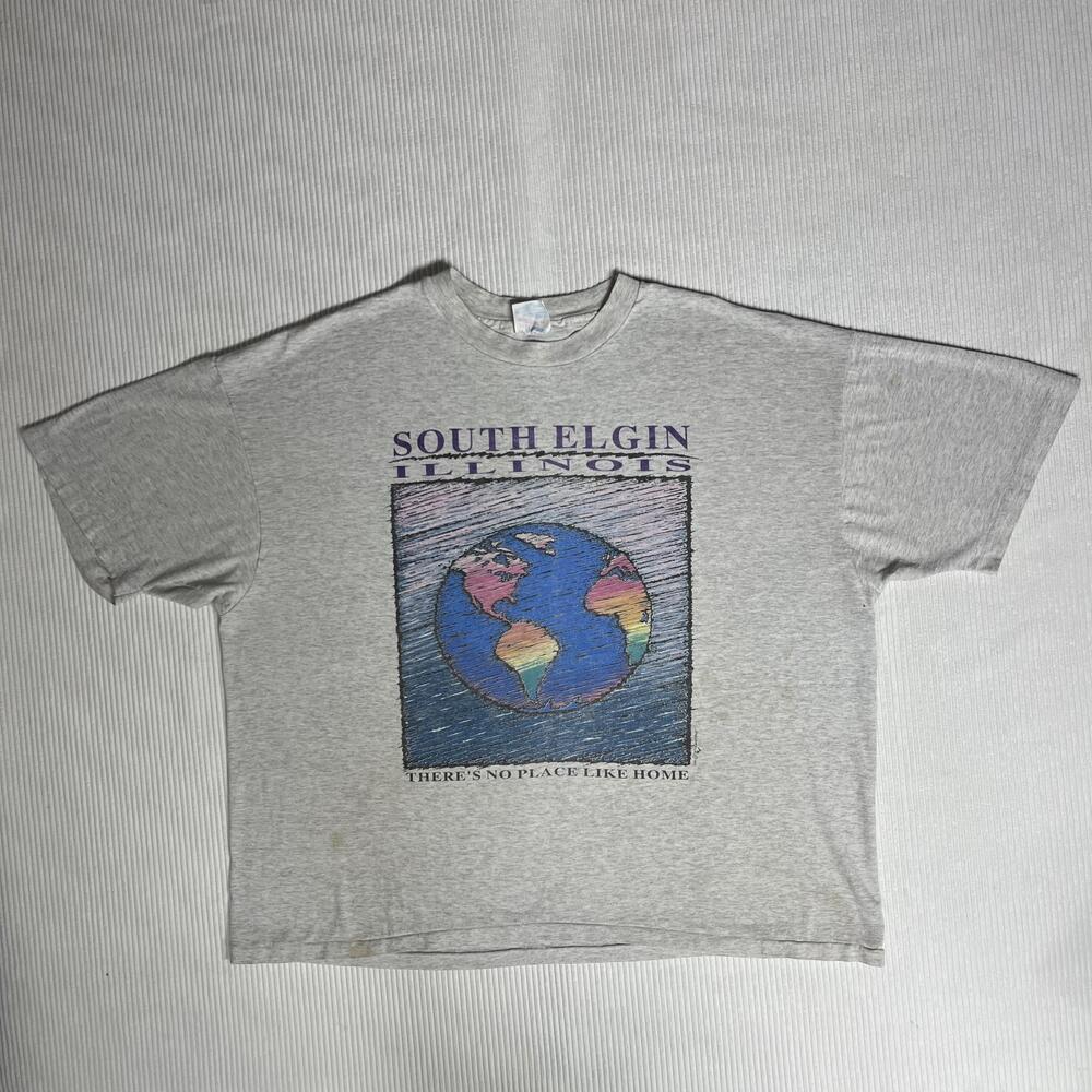 Vintage 90s Hanes Shirt Mens XL Gray South Elgin Illinois Earth Graphic Tee